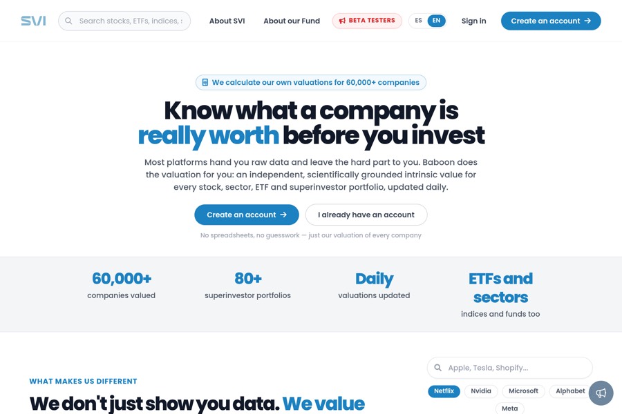 Plataforma de análisis de renta variable app.svinvesting.com, construida por Algoryme